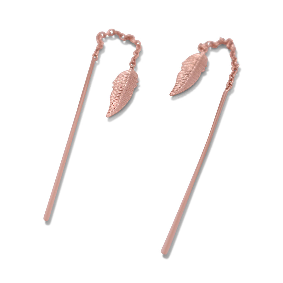 chained feathers earrings in rose gold